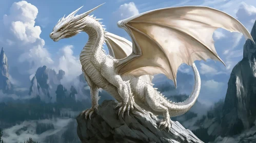 Fantasy Dragon Art: White Dragon on Mountain