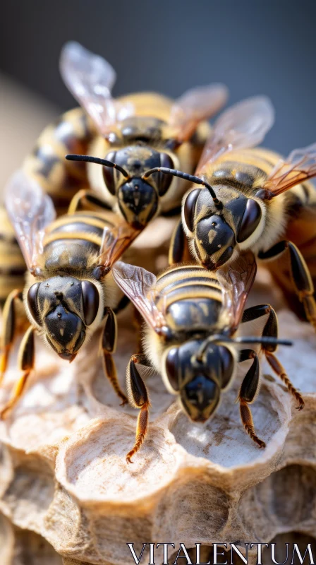 Bees Gathering on a Wooden Hive - Nature's Precision in Macro Photography AI Image