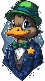 Stylish Cartoon Duck in Hat and Bowtie