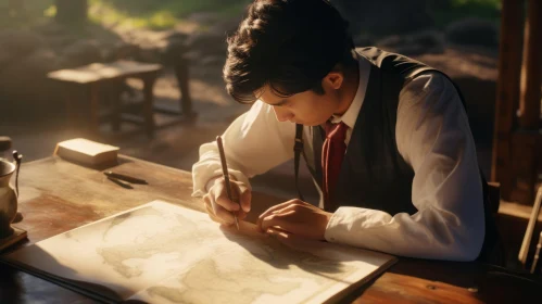Captivating Artwork of a Man Writing a Map at a Wooden Desk