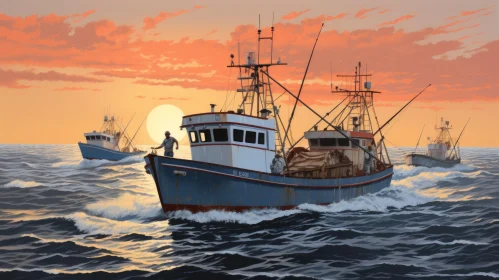 Captivating Painting of Fishing Boats in the Ocean