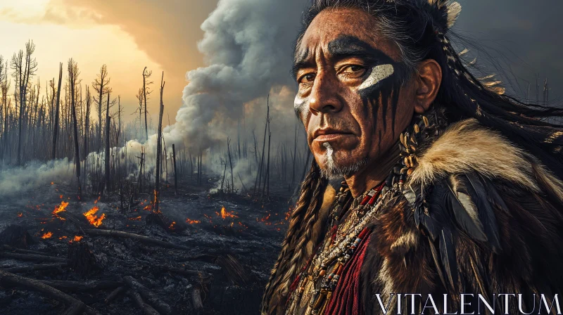 Man in Face Paint with Forest Fire AI Image