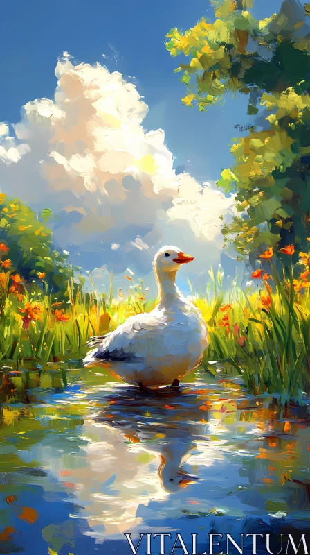 Tranquil Goose and Bright Flowers AI Image