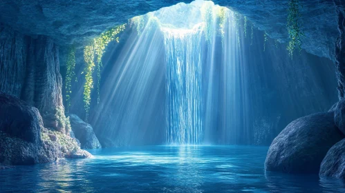 Serene Waterfall in a Sunlit Cave