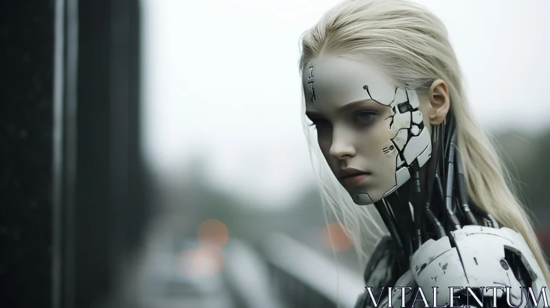 Cybernetic Woman in Dystopian Cityscape AI Image