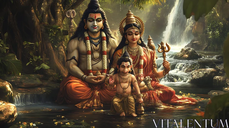 Hindu Gods and Child by Waterfall AI Image