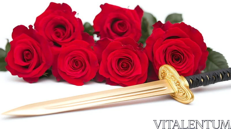 AI ART Golden Sword with Red Roses