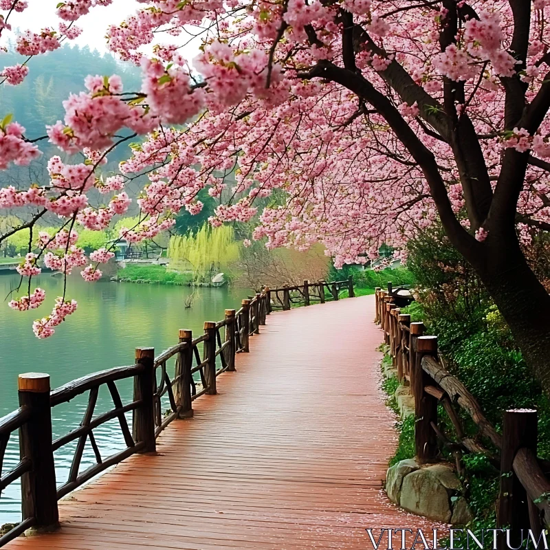 Serene Walkway with Cherry Blossoms in Spring AI Image