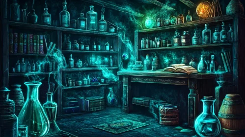 Mystical Alchemy Chamber with Glowing Potions