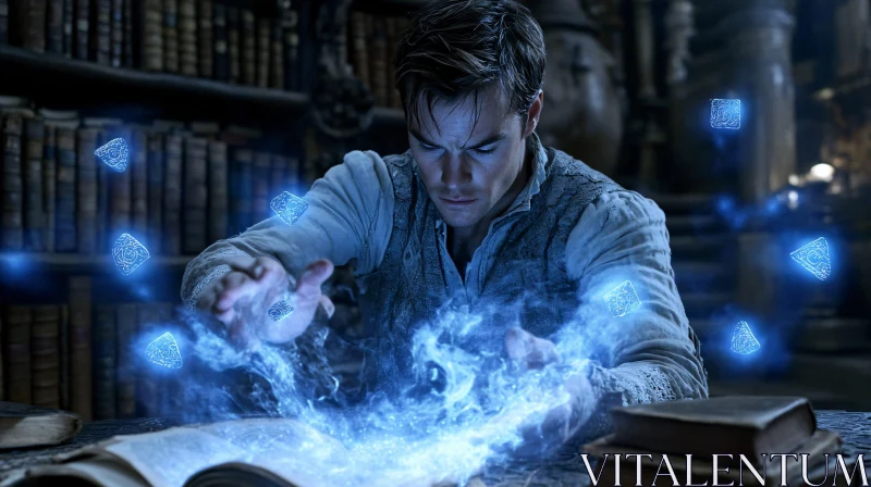 Mystical Wizard Conjuring Magic in a Library AI Image