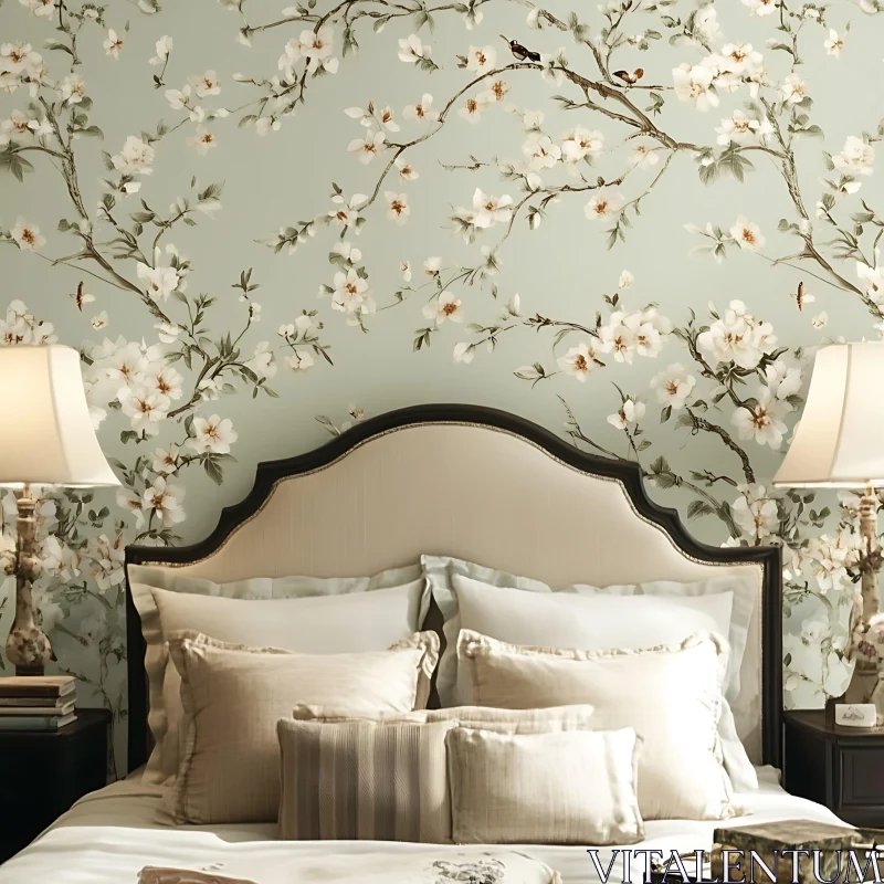 Vintage Floral Bedroom with Cream Decor AI Image