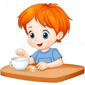 Cartoon Child Adding Sugar to a Cup