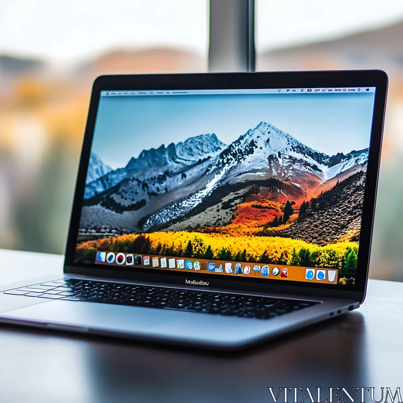 Sleek Laptop with Nature Desktop Wallpaper AI Image