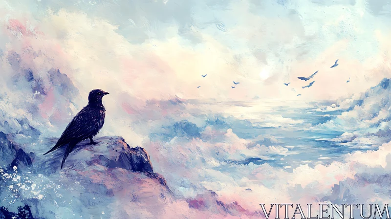 Solitary Bird Overlooking Cloudscape AI Image