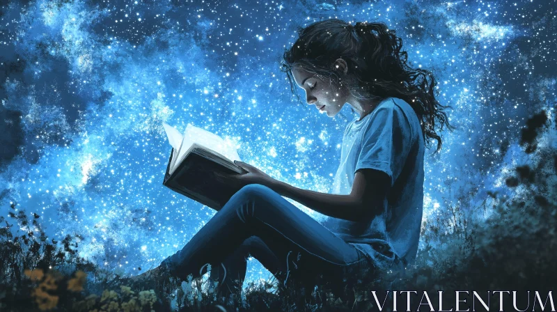 Girl immersed in a book of stars AI Image