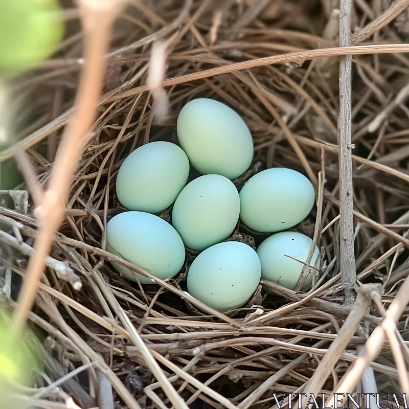 Nest of Pale Blue Bird Eggs AI Image