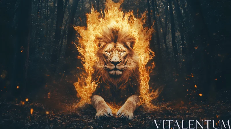 AI ART Burning Lion in Dark Woods