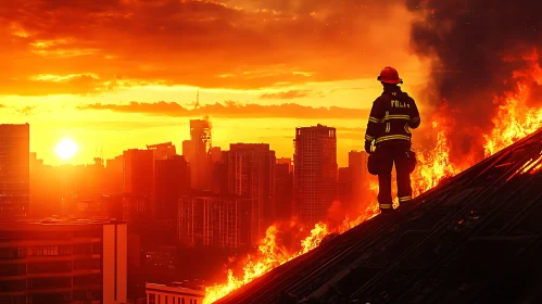 Firefighter Braving Urban Flames at Sunset