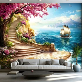 Coastal Path Mural with Blossoming Trees