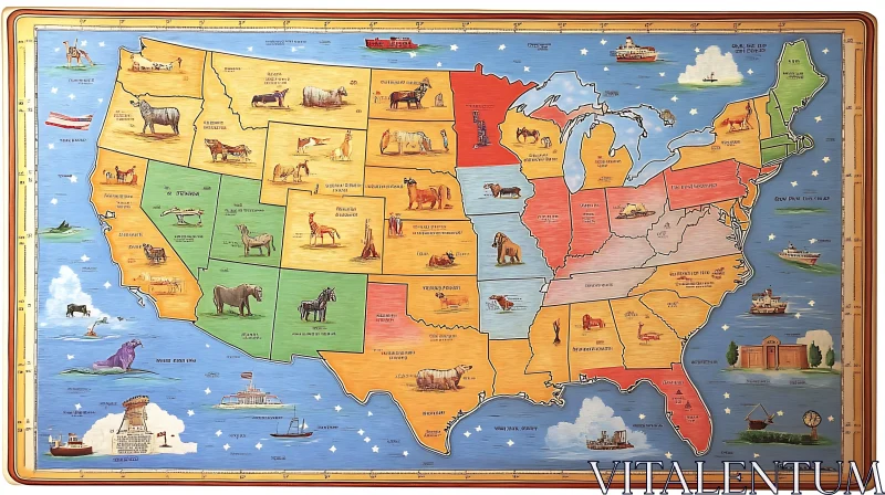 United States Map Featuring Animals and Landmarks AI Image