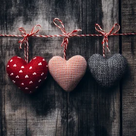 Three Hearts Hanging on Wooden Wall