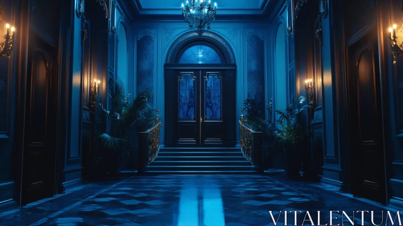 Ornate Interior Hallway with Rich Decor and Blue Illumination AI Image