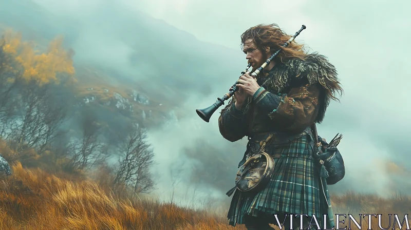 Highland Piper in the Mist AI Image