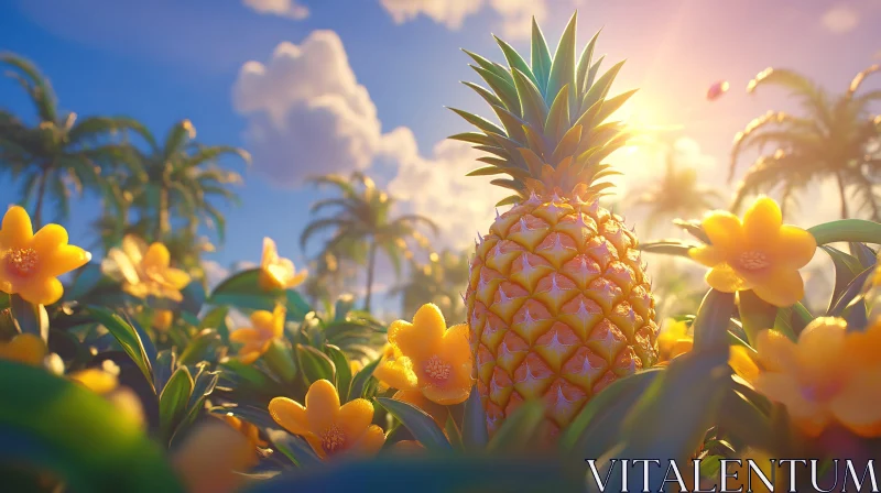 Exotic Pineapple and Floral Summer Scene AI Image