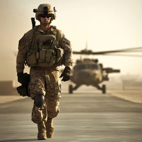 Soldier on Patrol with Helicopter