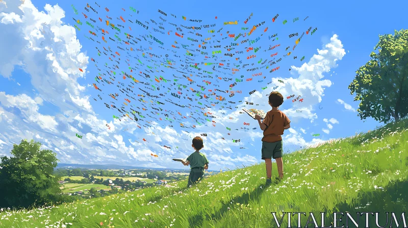 Boys on Hillside Watching Words Fly AI Image