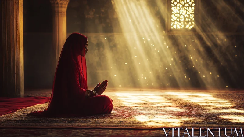 Woman Praying in a Temple AI Image