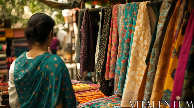 Woman Admiring Textiles AI Image