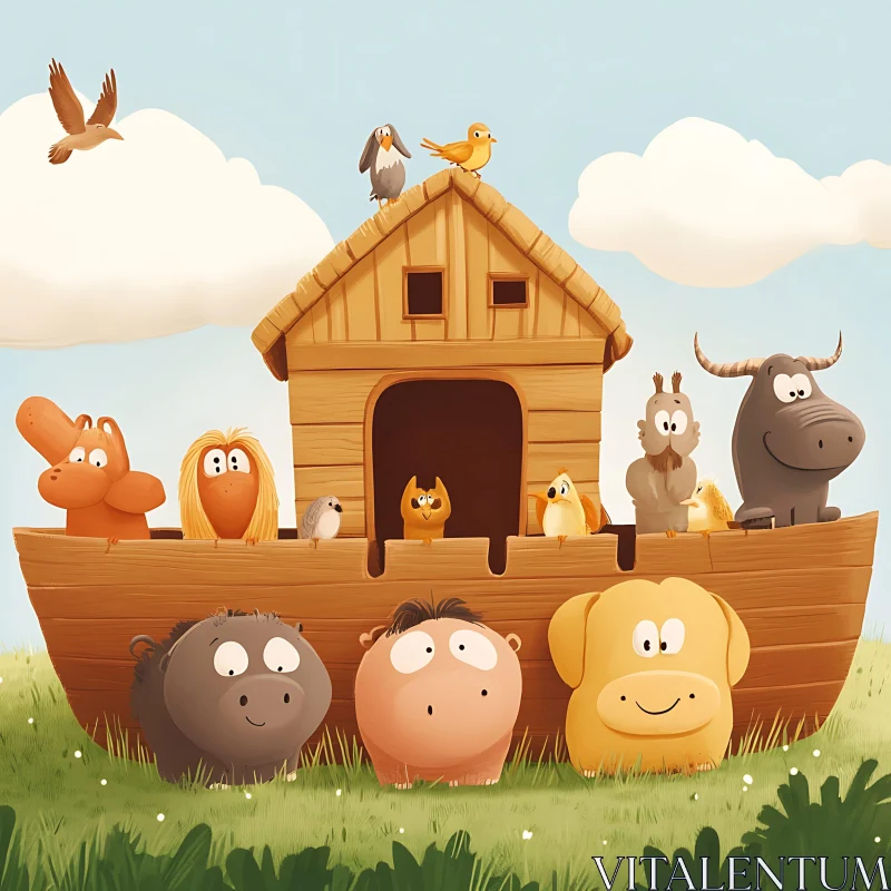 Adorable Animals on a Wooden Ark AI Image