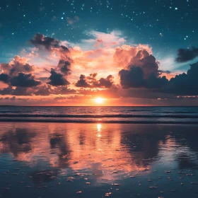 Tranquil Ocean Sunset Under Starry Night