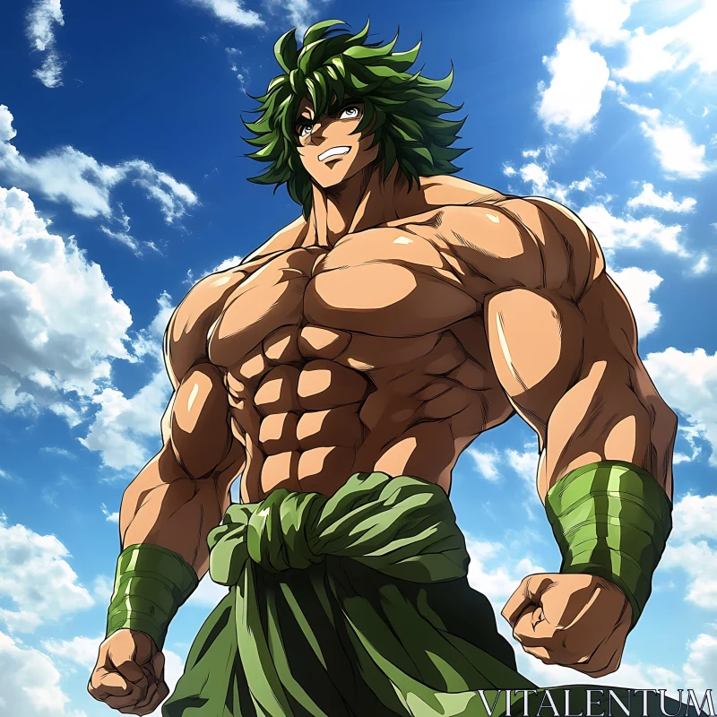 Muscular Anime Character Under Blue Sky AI Image