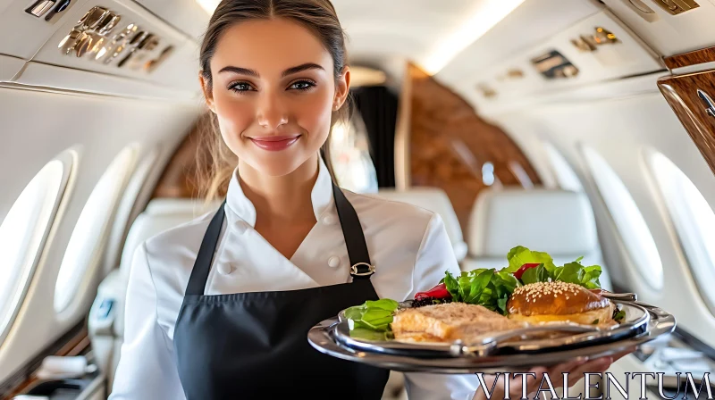 Luxury Travel: Gourmet Meal in a Private Jet AI Image