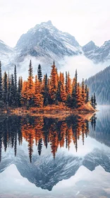 Mountain Reflected in Lake with Autumn Trees