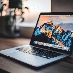 Modern Workspace with Laptop and Scenic Screen