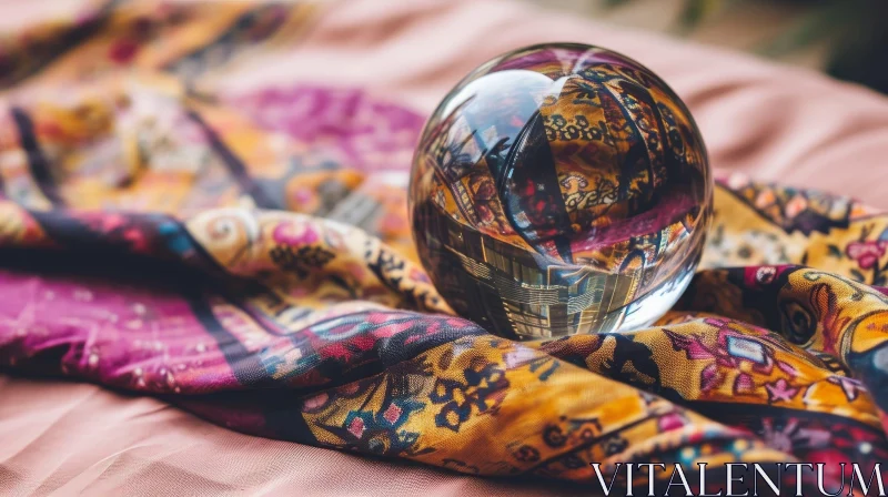 Enigmatic Crystal Ball on Colorful Cloth | Intriguing Photography AI Image