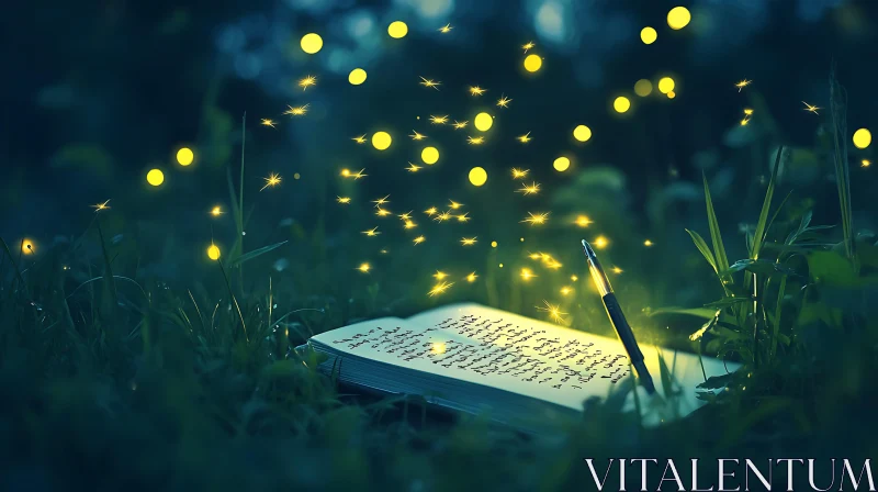 AI ART Fireflies and Notebook in the Night