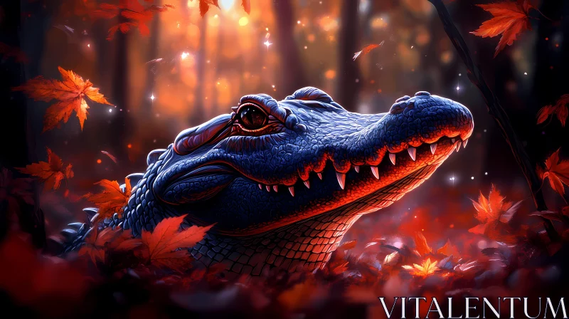 Alligator Amid Autumn Leaves AI Image