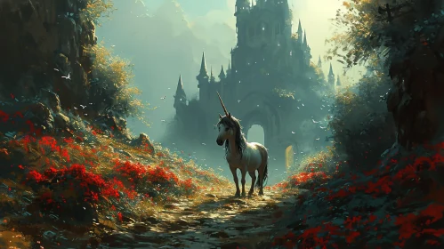 Majestic Unicorn in a Fantasy Landscape with Red Flowers and Castle