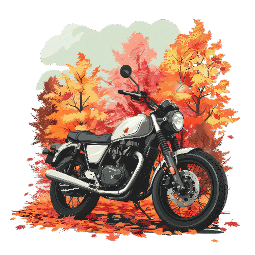 POD Design Motorcycle Parked in Autumn Forest - Serene Outdoor Scene