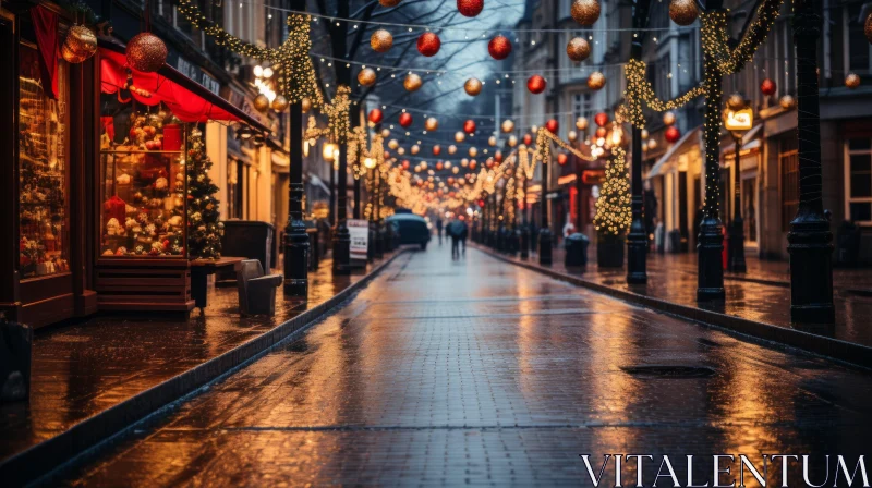 Rainy Christmas Street Adorned with Lights in Red and Gold AI Image