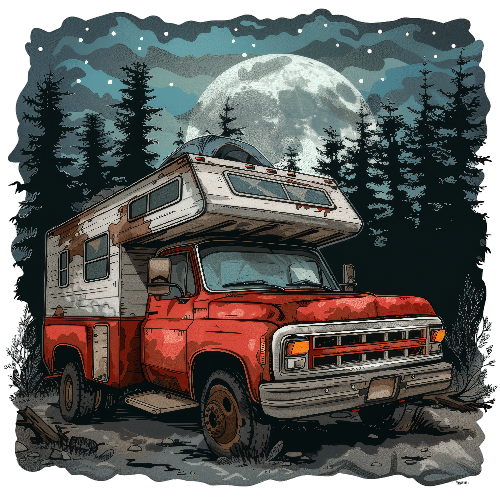 Retro Camper Van Under Moonlight in Forest - Vintage Art POD Design