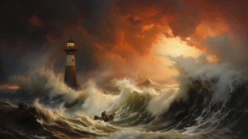 Underwater Lighthouse Amidst Waves: An Epic Nocturne
