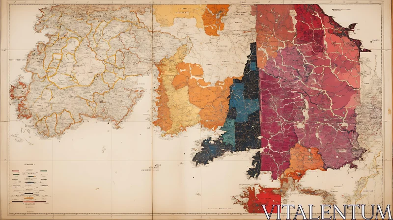 Antique Geographical Map with Colorful Regions AI Image