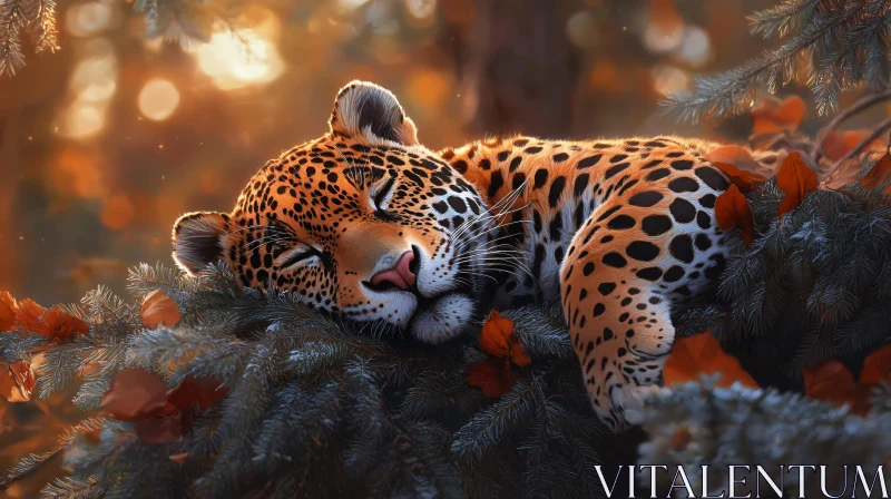 Leopard on Tree in Autumn Forest AI Image