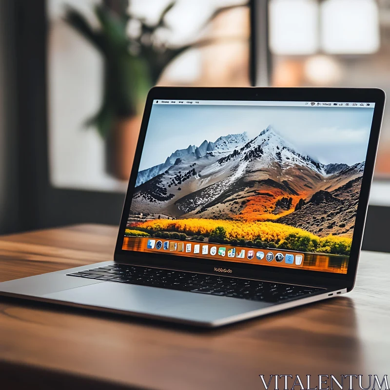 Elegant Workspace Featuring Laptop with Scenic Background AI Image