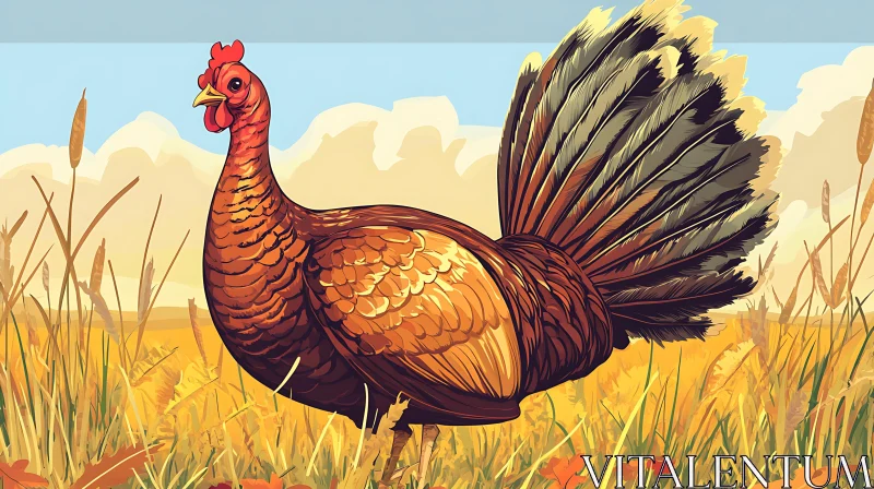 Illustration of a Turkey in Autumn Field AI Image